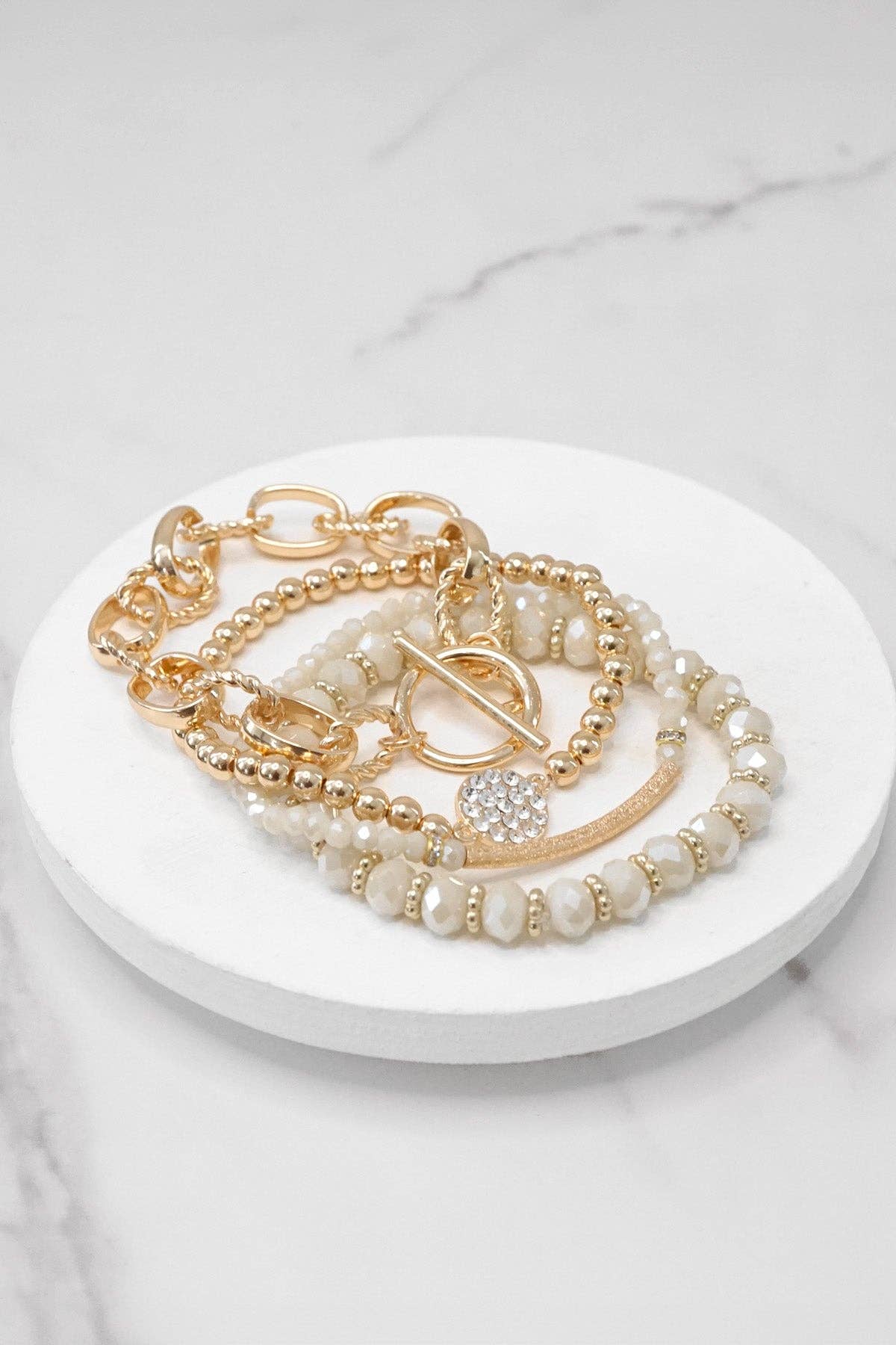 PennyLine inc - Beaded Bracelets set of 4 Off-White Glass Beads with Gold