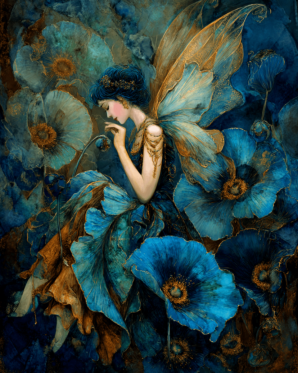 Mowbi - Blue Flower Fairy Art Print - Fairies 8"x10" Artwork for 12"x14" Frame