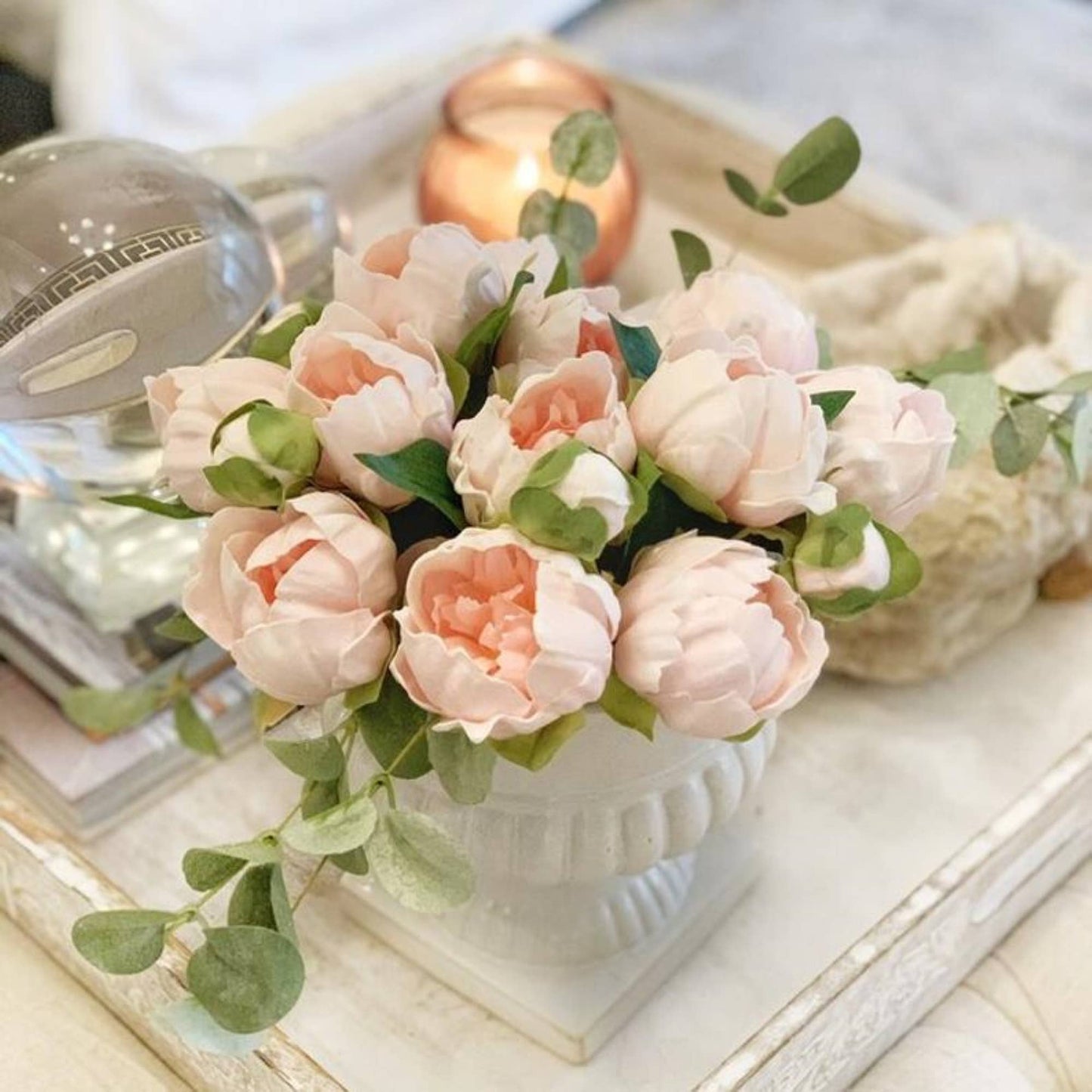 Angel Isabella - 10.5" Real touch artificial Peony bundle-8 Flowers and buds: White