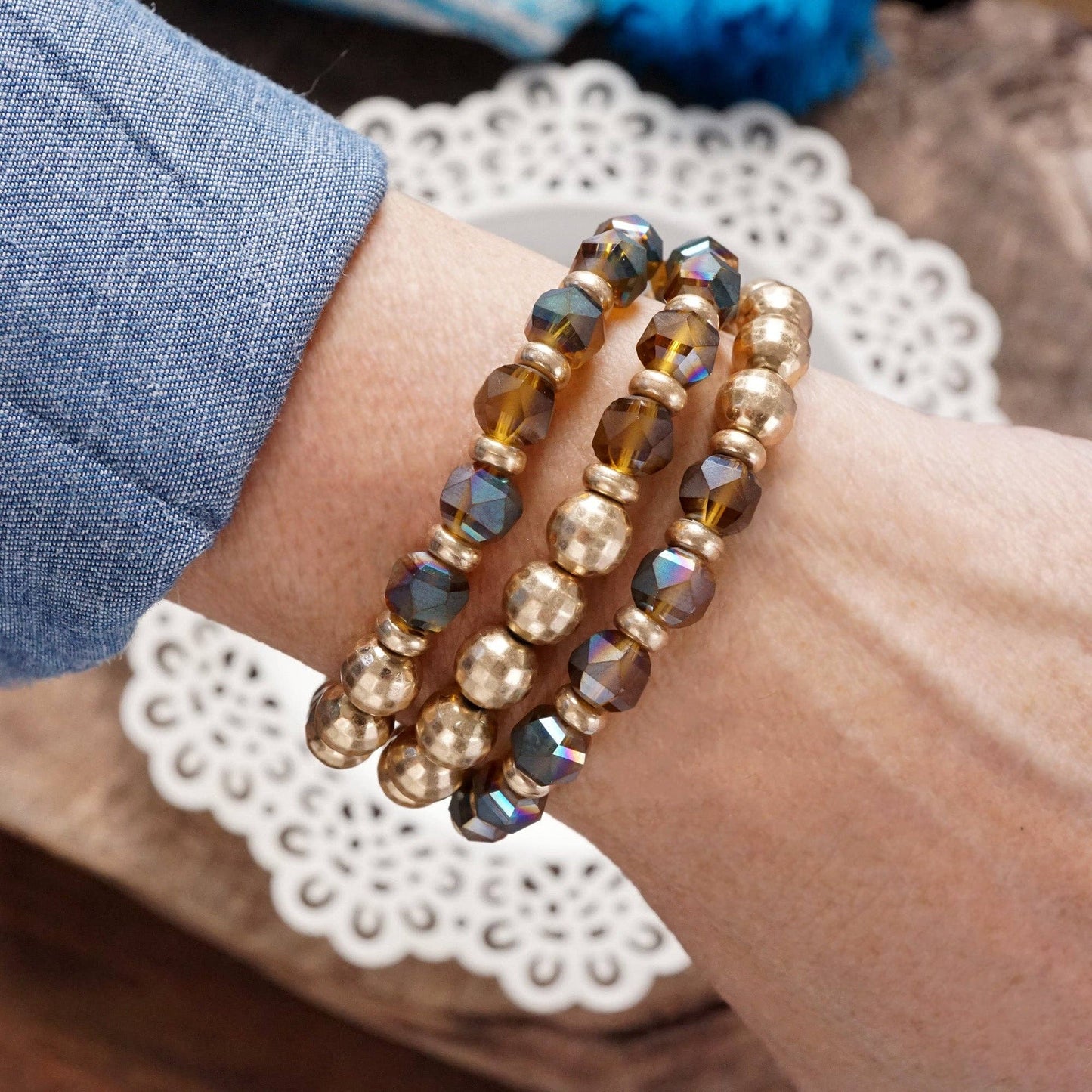 PennyLine inc - Festive Stretchy Beaded bracelet Sets - Gold, Black, Brown, Red: Natural Brown and Green