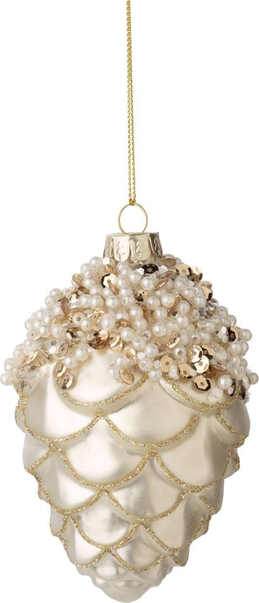 Silver Tree Home & Holiday - A14221-Gls pcone orn,pal mat gld,wht bead top,3.5in