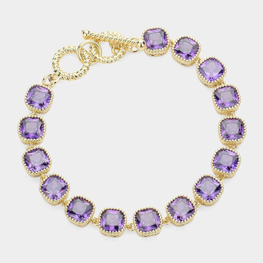 Sensibling Corp. - 14K Gold Plated Square CZ Stone Link Evening Toggle Bracelet: Purple