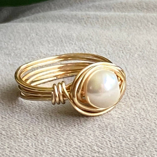 Marble Designs Jewelry - Pearl Gold Wire Wrapped Ring Cream: 8