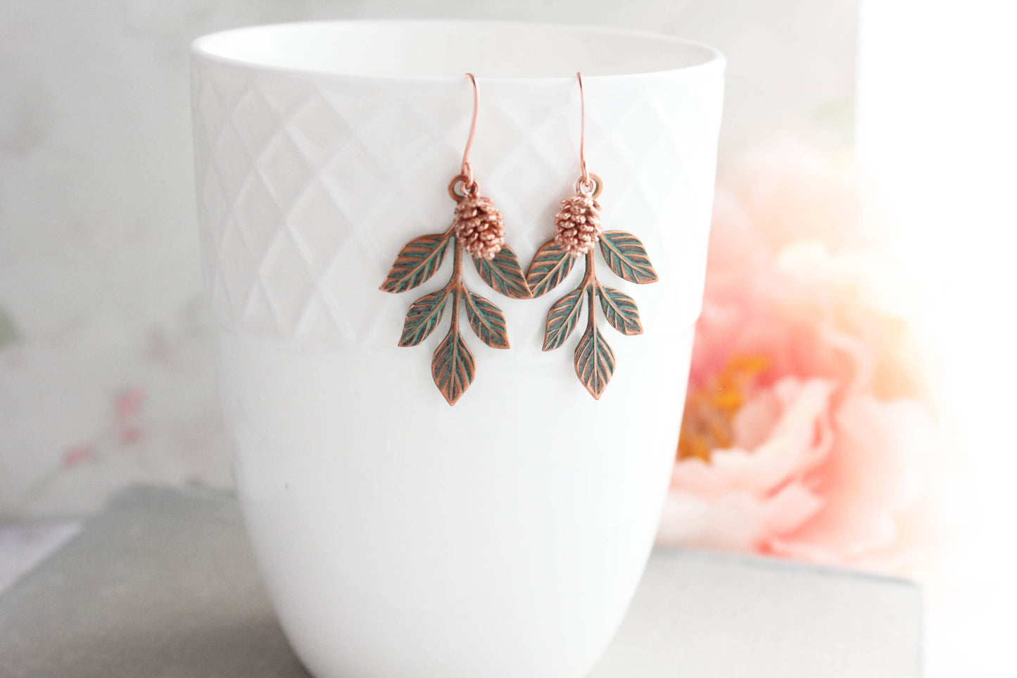 A Pocket of Posies - Branch and Pine Cone Earrings -Blush Mint Copper