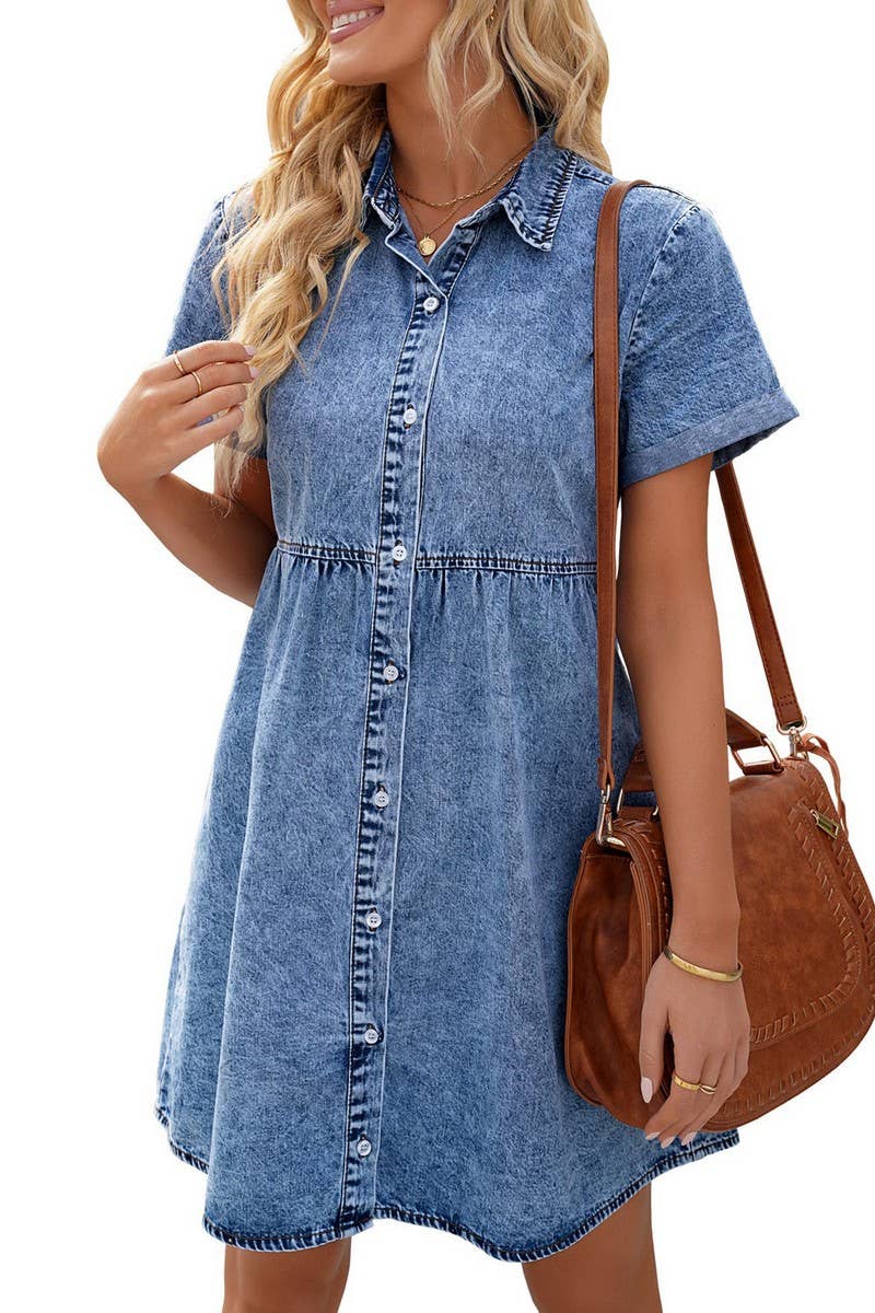 NINEXIS - CWDSD5998_DENIM CASUAL SHORT-SLEEVED MIDI DRESS: DARKBLUE / (S) 1