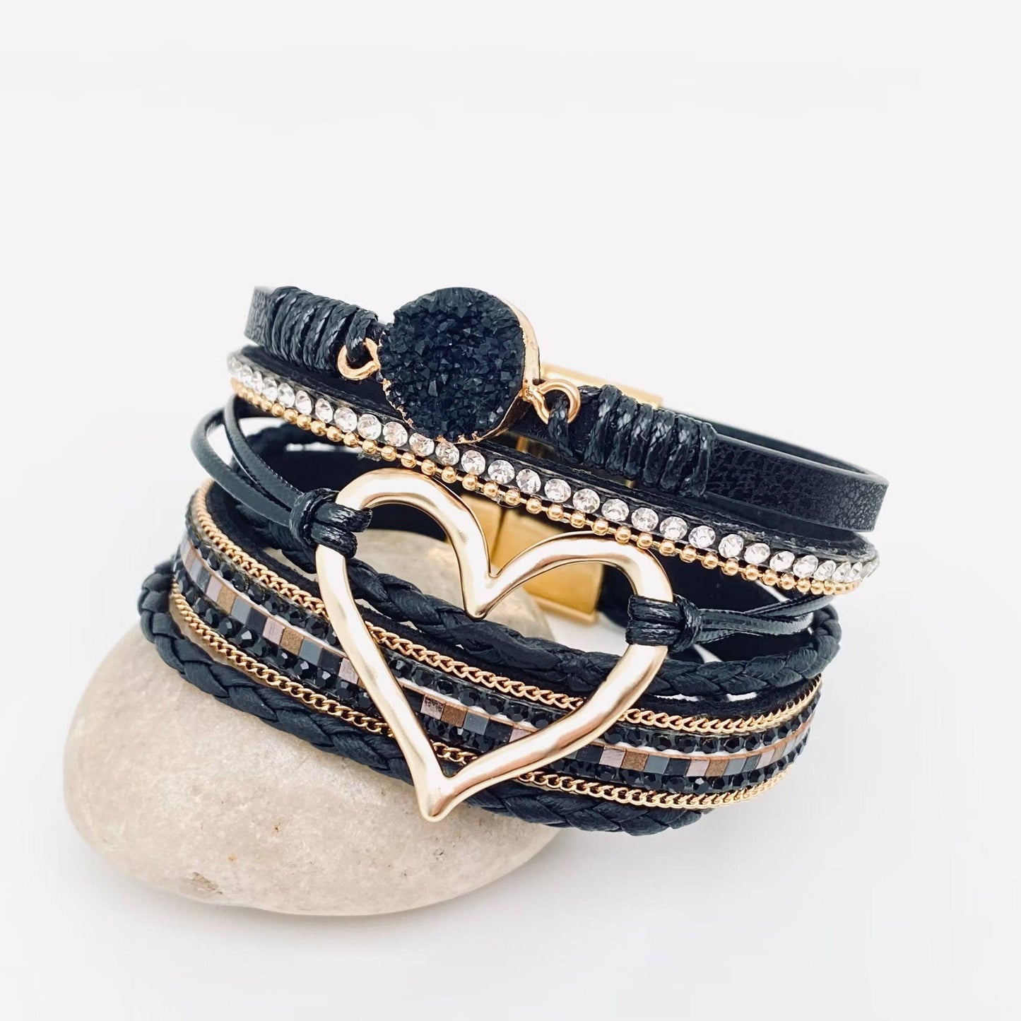 Mio Queena - Multi-Layer Heart Charm Bangle Bracelets - BJ/LB: Black