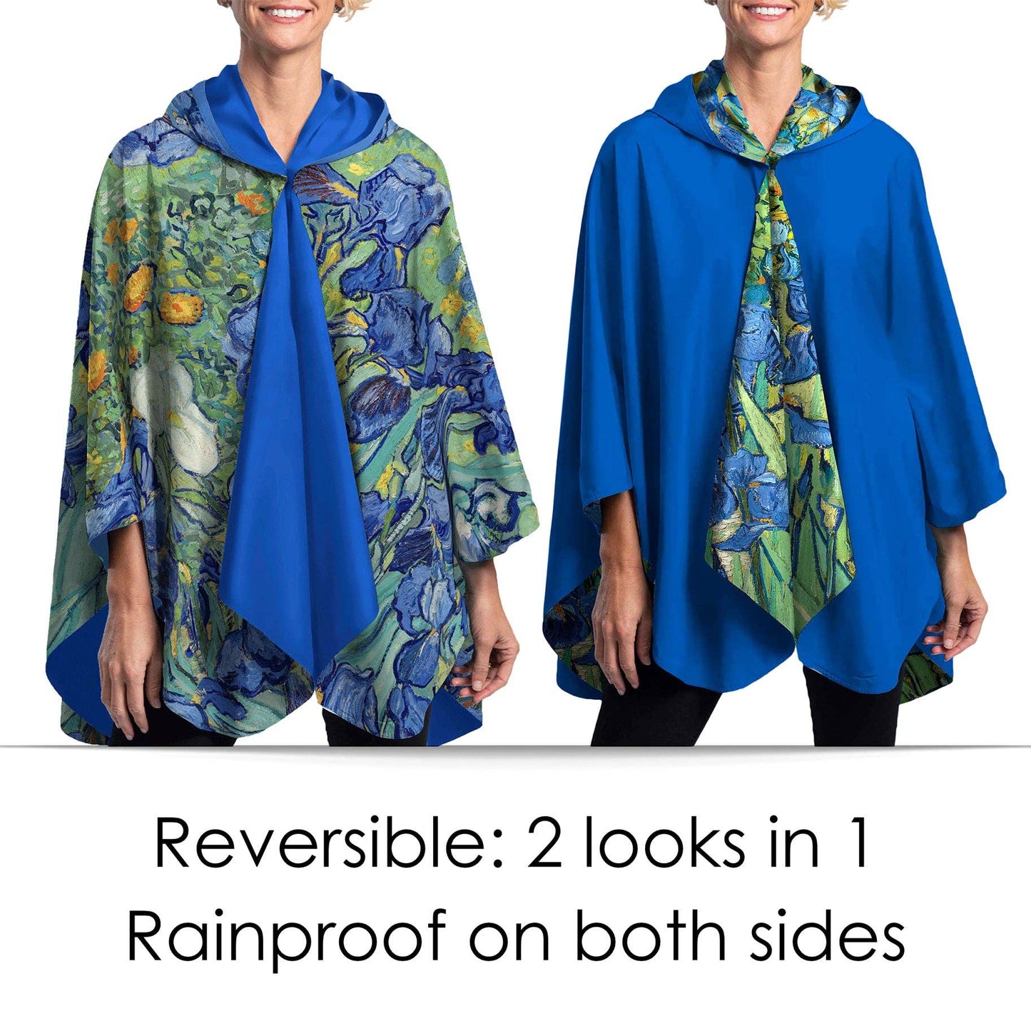 RainCaper - Van Gogh Irises Reversible Rain Cape – Lightweight Hooded Wrap for Women