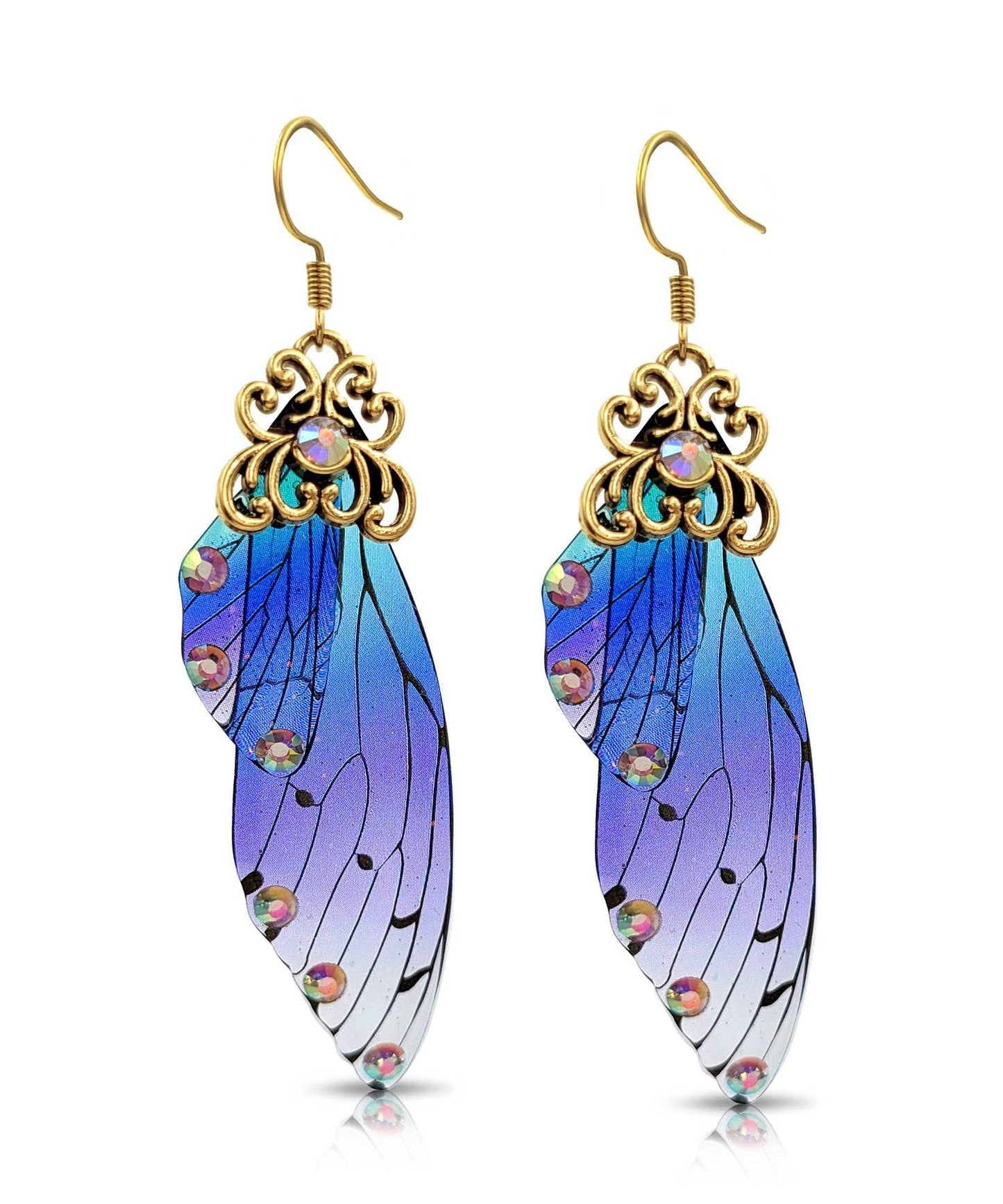 BESHEEK JEWELRY - BeSheek Antique Gold Blue & Purple Resin Butterfly Wings: Title