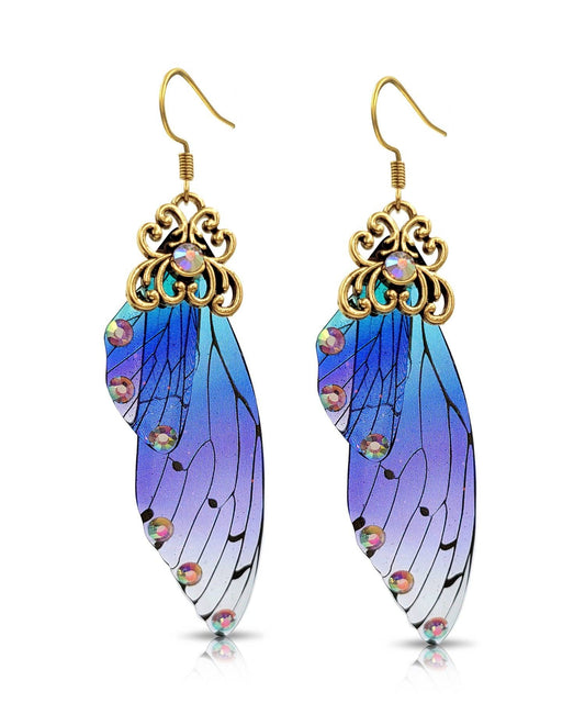 BESHEEK JEWELRY - BeSheek Antique Gold Blue & Purple Resin Butterfly Wings: Title