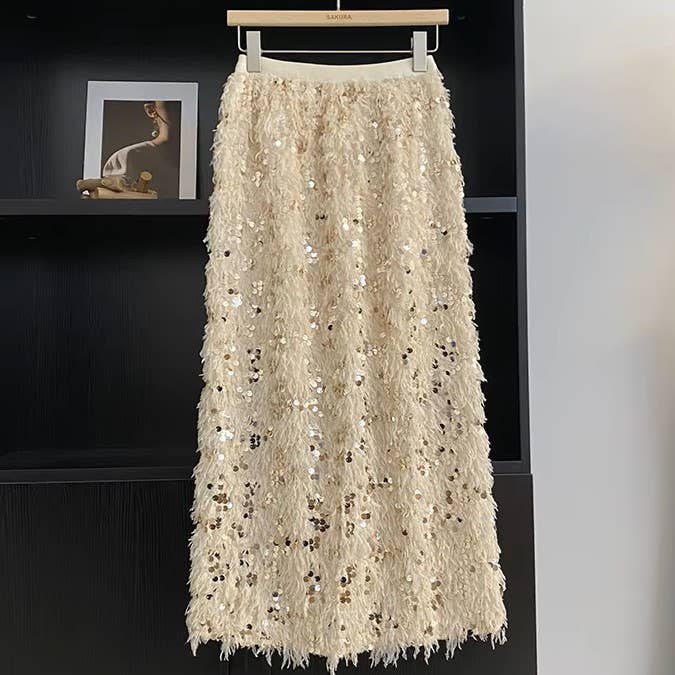 PEACH ACCESSORIES - Sequins Fringe Midi Skirt SK1199: Black