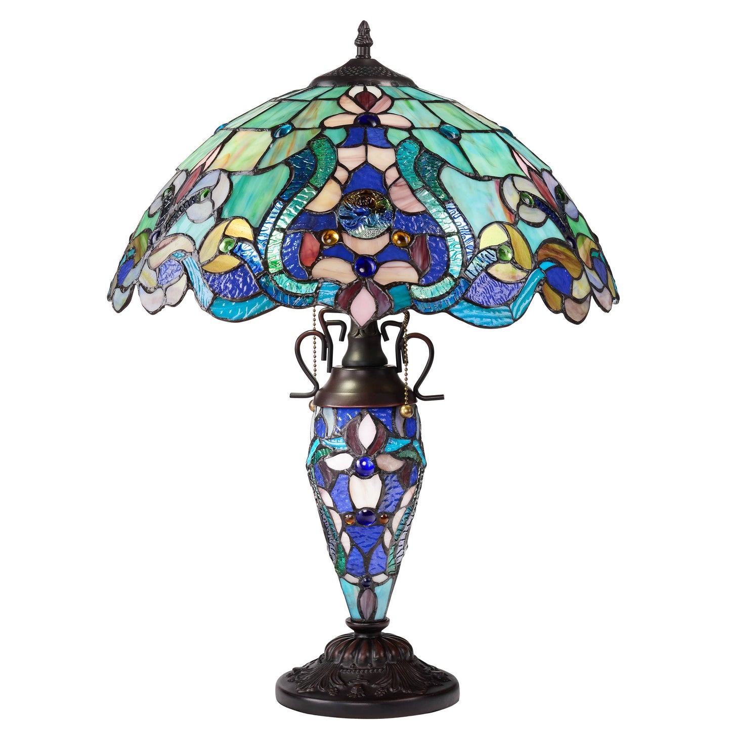 River of Goods - 24"H Double Lit Teal Tiffany Style Stained Glass Table Lamp