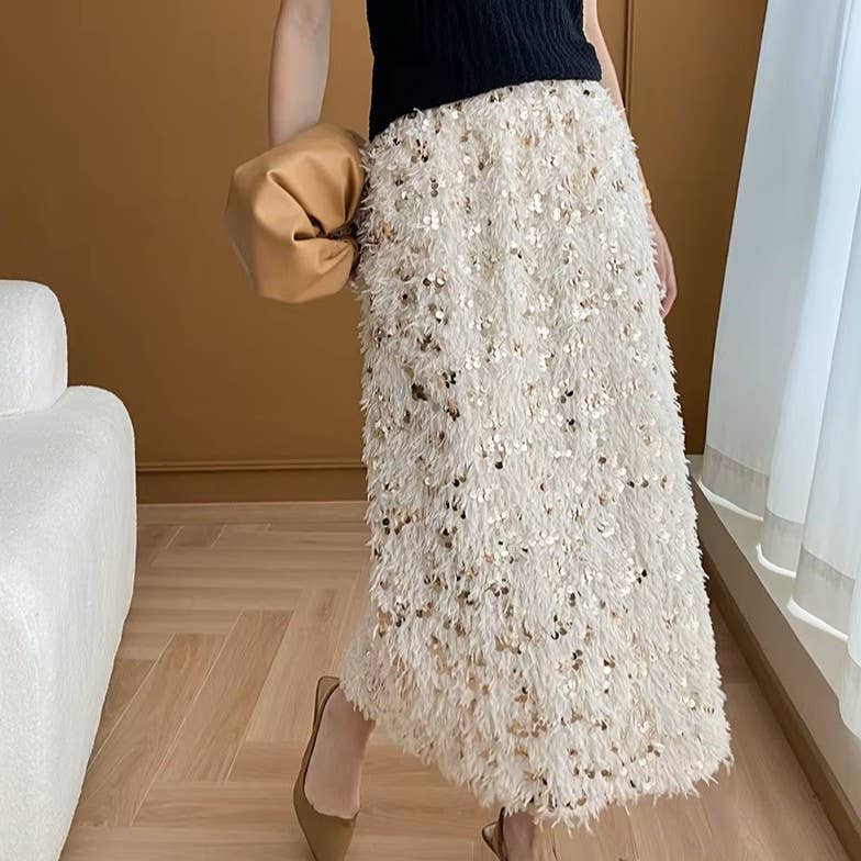 PEACH ACCESSORIES - Sequins Fringe Midi Skirt SK1199: Beige