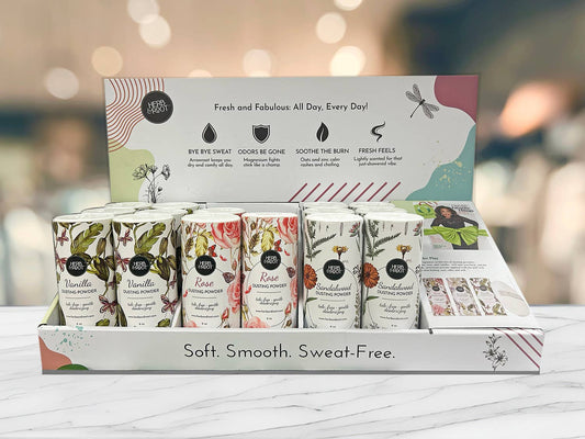 Herb & Root - Dusting Powder Display + 3 Cases of Dusting Powders: Lavender / Vanilla / Rose