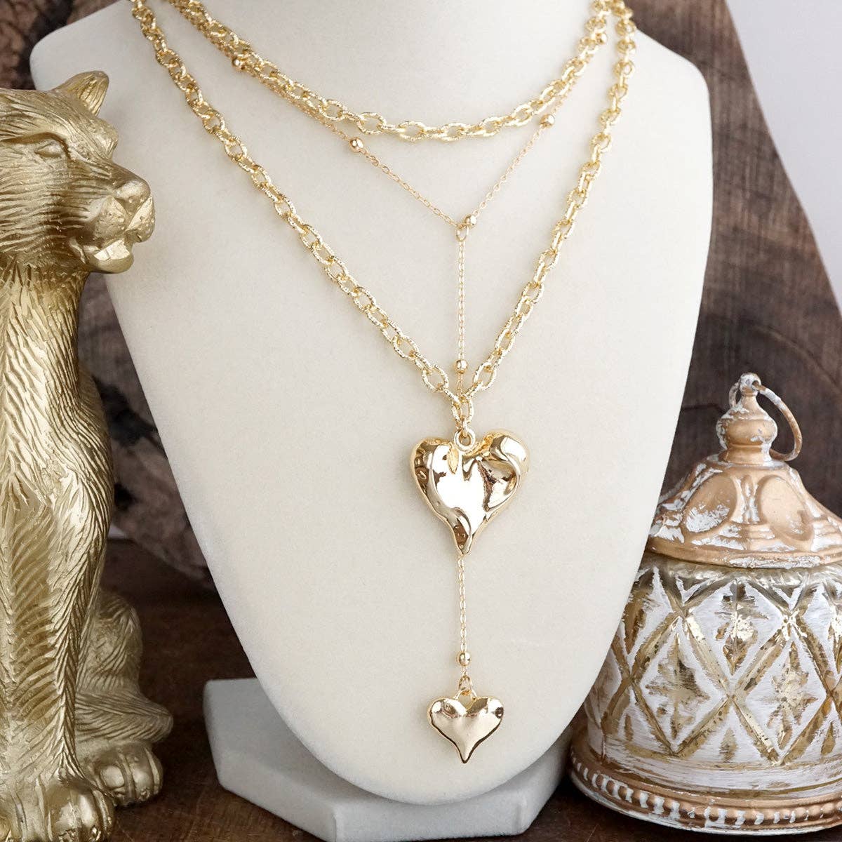 PennyLine inc - Flutter & Glow – Puffy Heart Lariat Layered Necklace in Gold