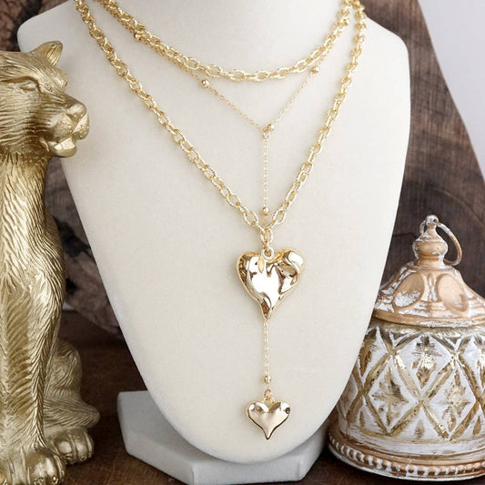 PennyLine inc - Flutter & Glow – Puffy Heart Lariat Layered Necklace in Gold
