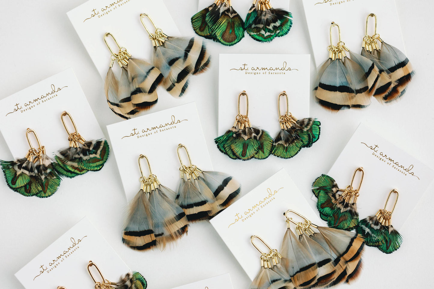 St Armands Designs of Sarasota - Brown Striped Feather Statement Tassel Earrings