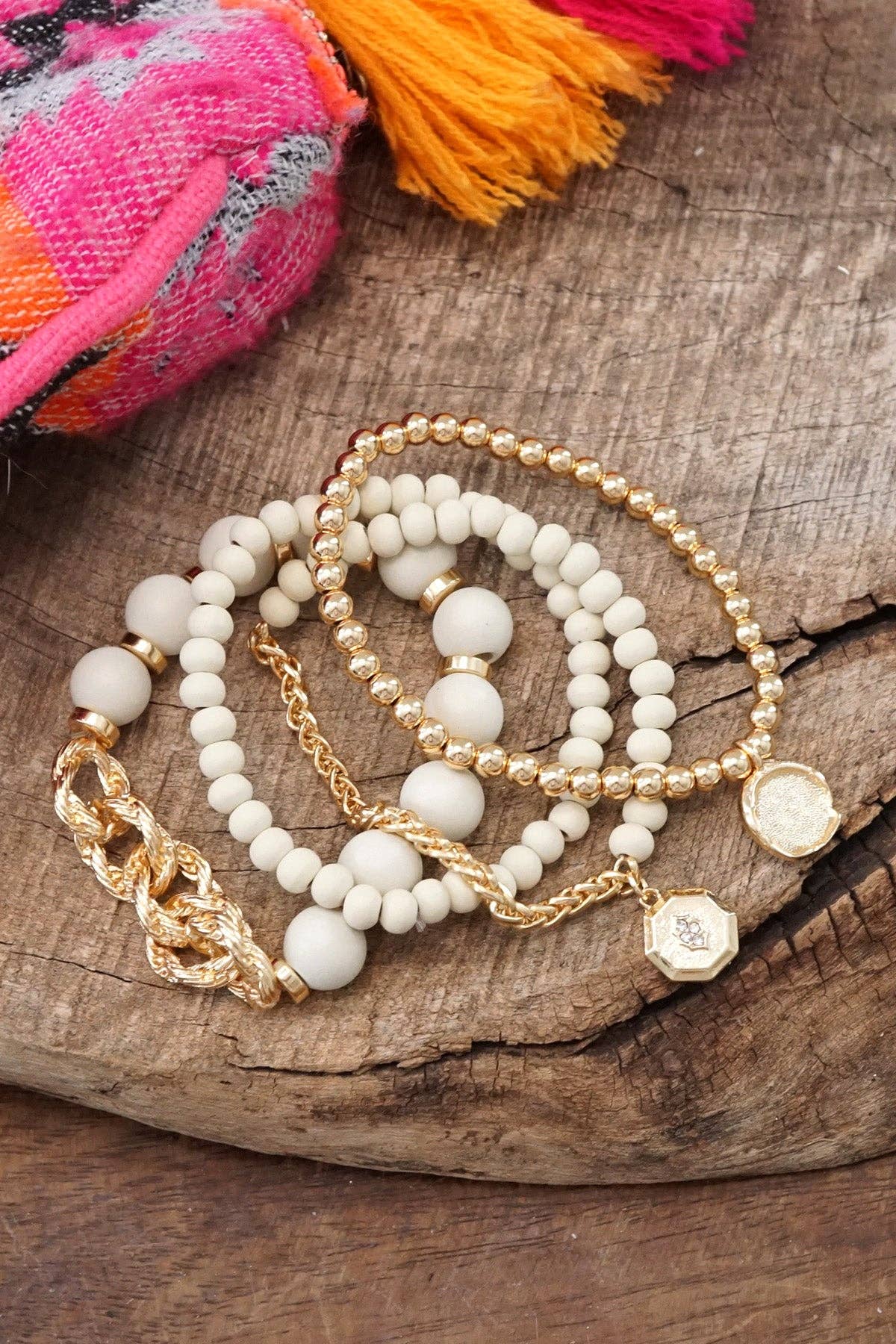 PennyLine inc - Beaded Bracelets set Cream wooden Beads Chain Coin Charms
