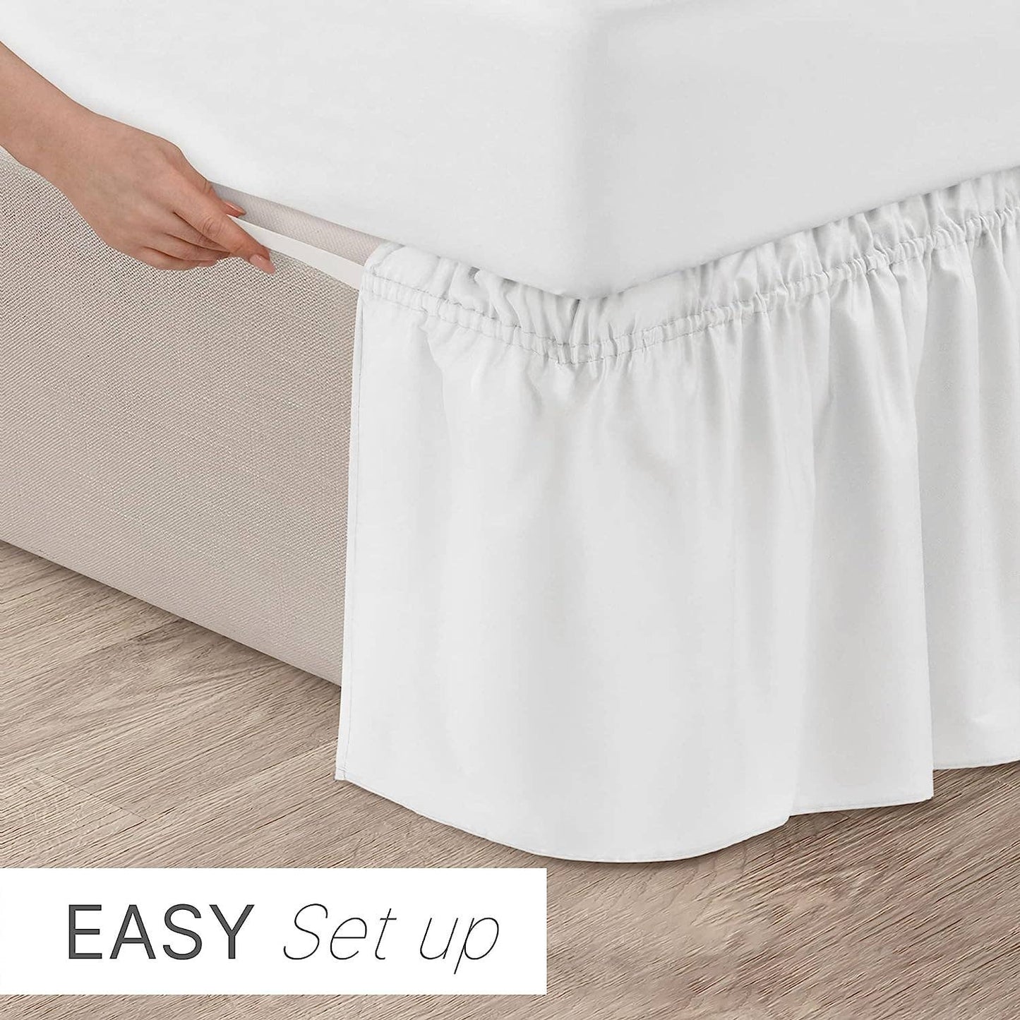 CGK Unlimited - Elastic Wrap-Around Dust Ruffled Bed Skirt- Pleated 15" Drop: White / Queen