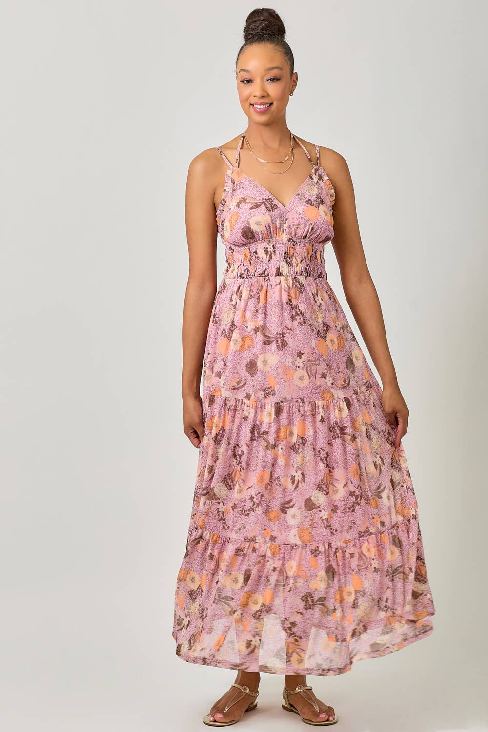 Mystree - 61048 Printed Mesh Long Tiered Dress: Ivory/Pale Blue / Large