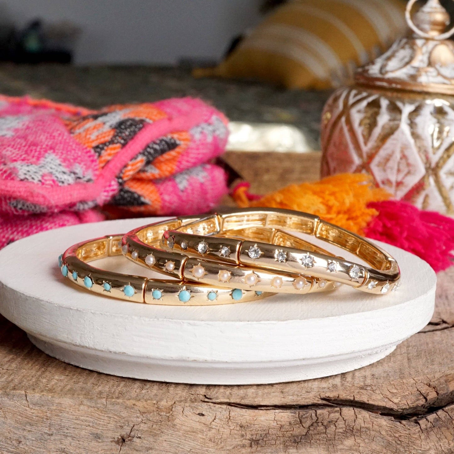 PennyLine inc - Gold-Tone Eternity Stretch Bangle – Pearls, Turquoise, or Crystals: Skinny - Clear Crystals