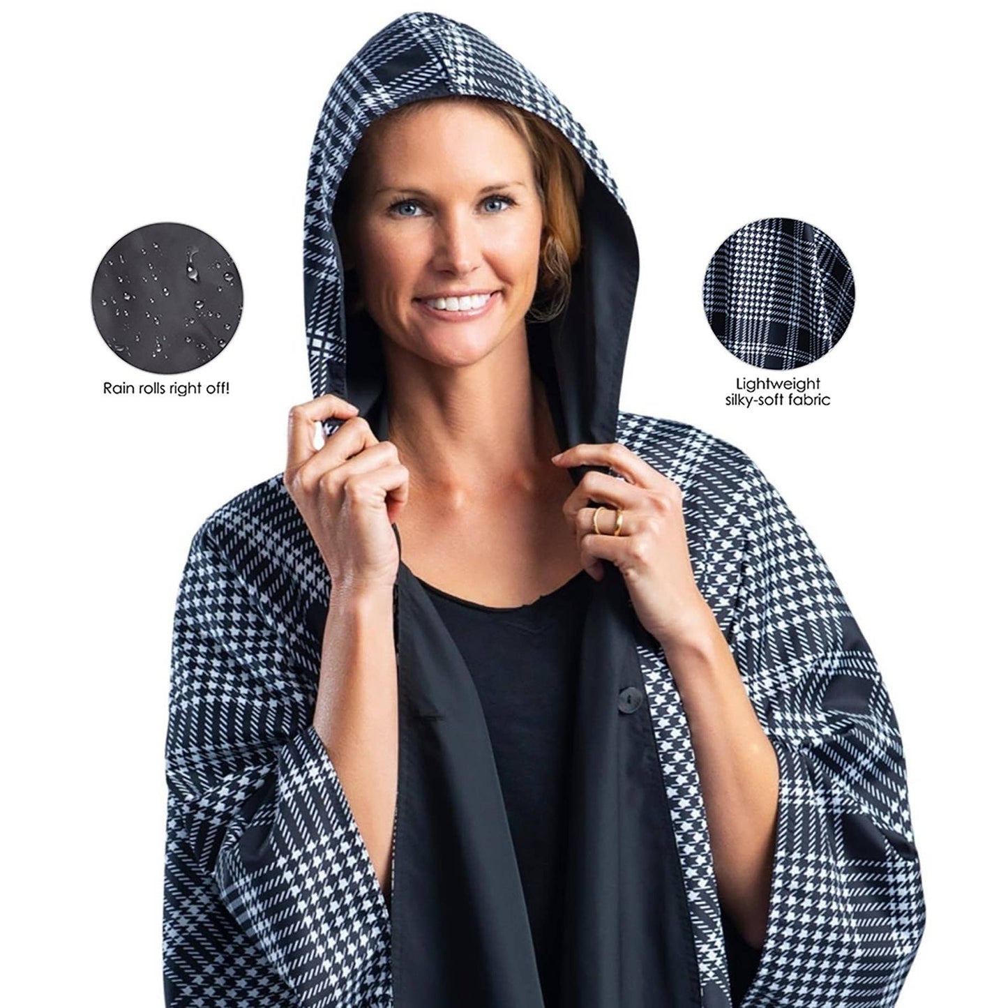 RainCaper - Black & Houndstooth Hooded Rain Cape – Lightweight Women's Rain Wrap
