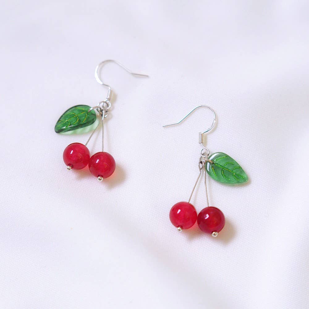 Haengseongworkshop - S925 Cherry Fruit Dangle 8mm Red Jade 15mm Leaves Earrings