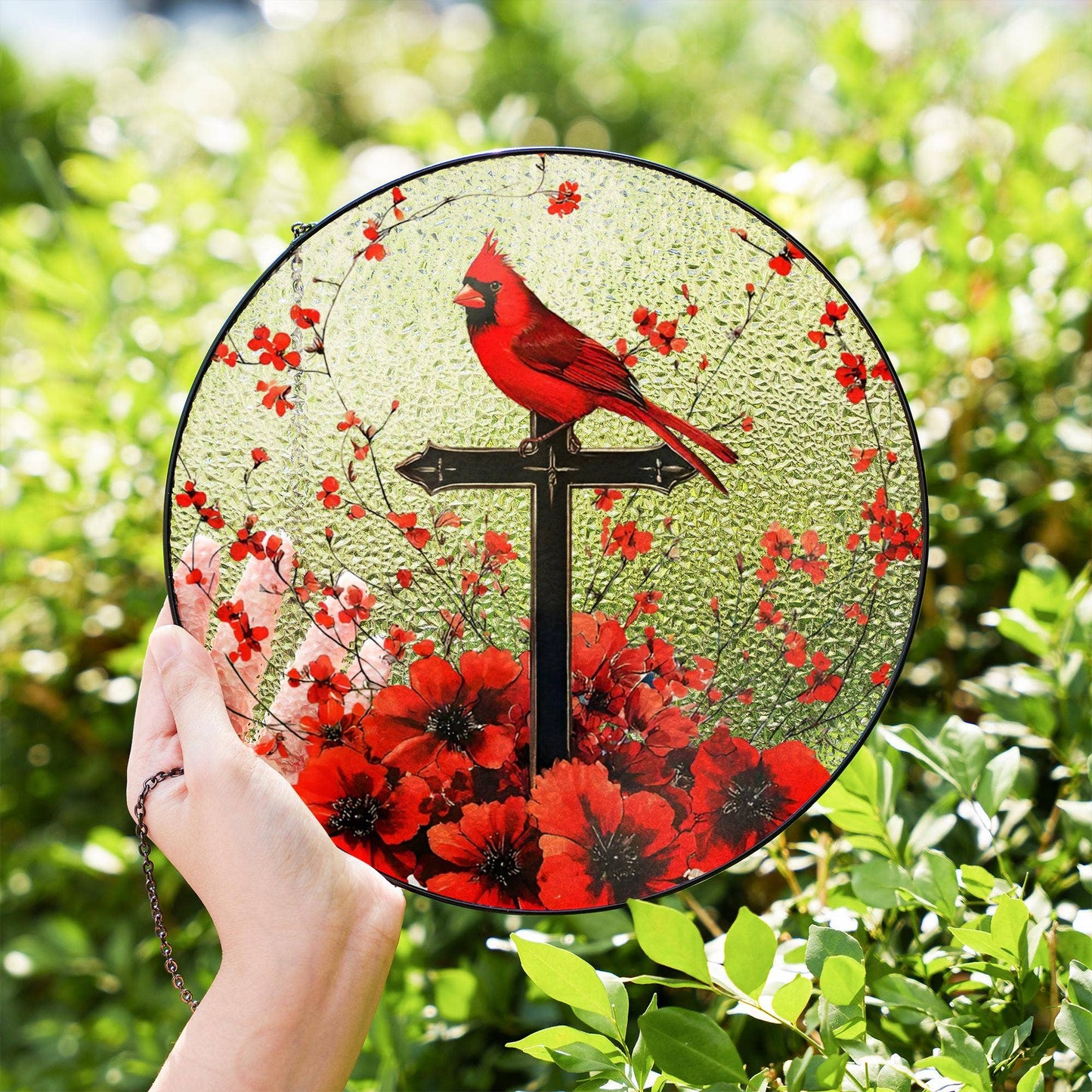 NVC Ecommerce LLC - Cardinal & Cross Stained Glass Suncatcher, Window Decor: 11.8in