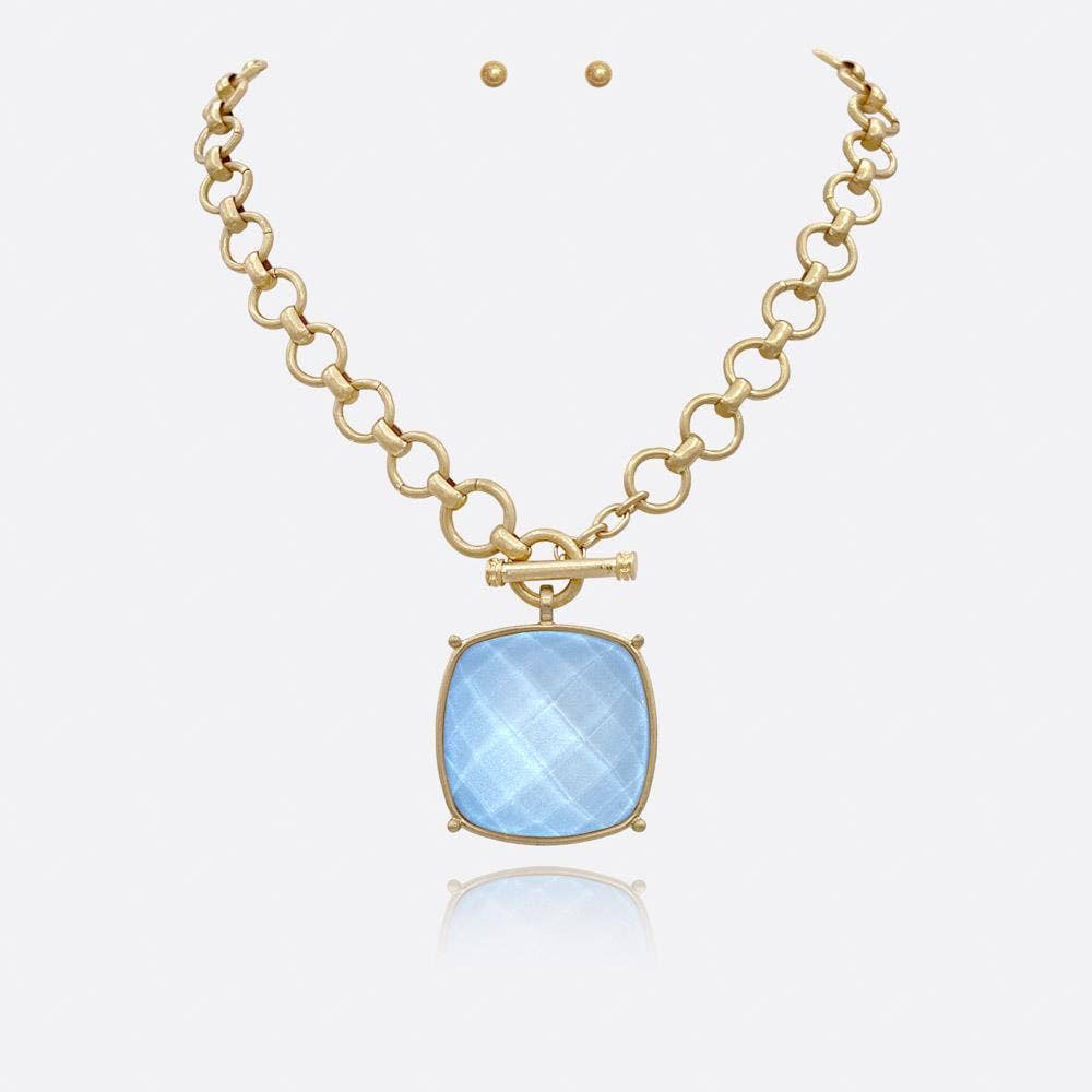 anbfashion - SQUARE STONE PENDANT CHAIN NECKLACE EARRING SET: ICYB