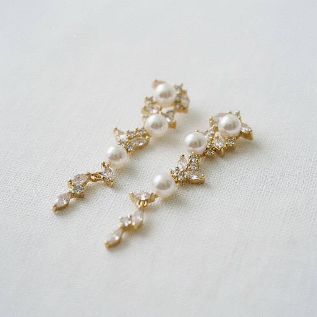 Ellemadera - Zircon Leaf Pearl Tassel Dangle Earrings