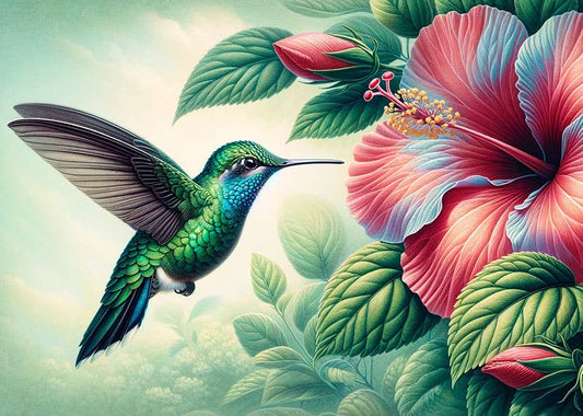 Mowbi - Vintage Hummingbird with Hibiscus Flower 8"x10" Art Print