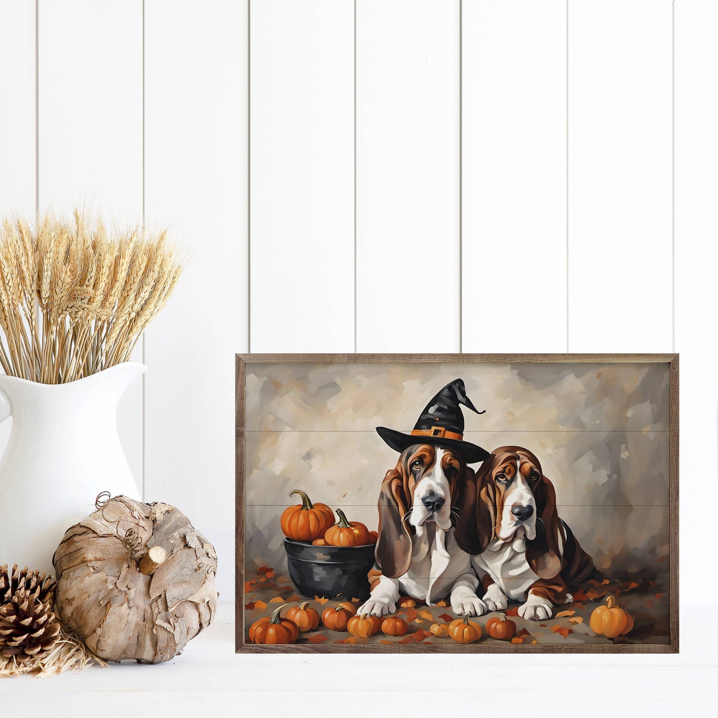 Kendrick Home - Two Bassets With Pumpkins: 8 x 5 x 1.5