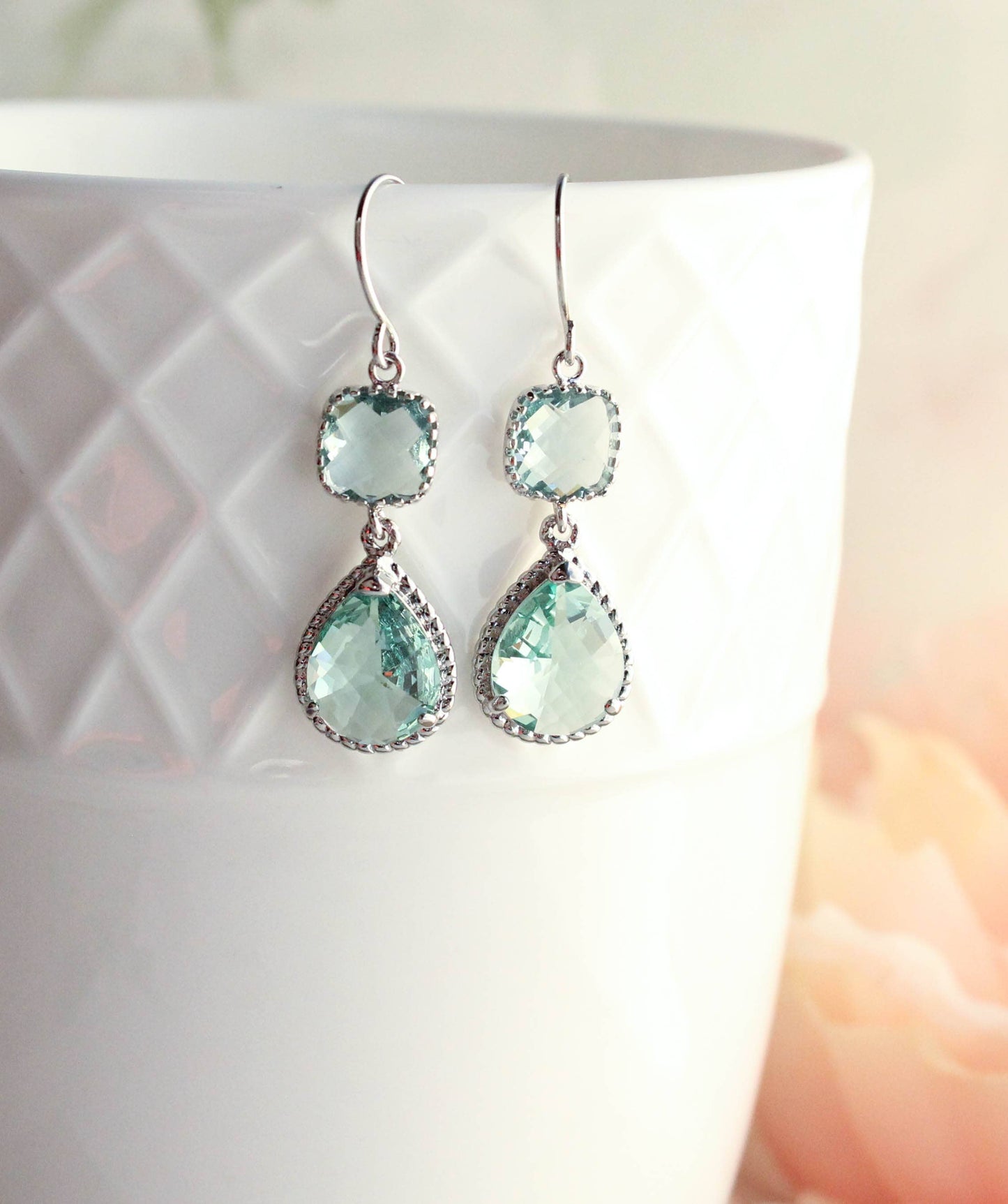 A Pocket of Posies - Aqua Erinite Glass Dangle Earrings - Two Jewel Teardrop