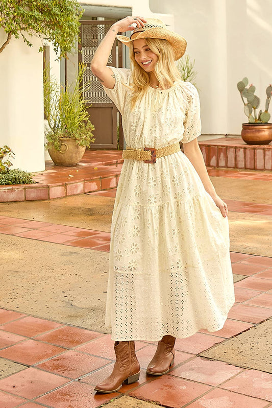 Mystree - 61037 Puff Sleeve Tiered Eyelet Dress: Ivory / Medium