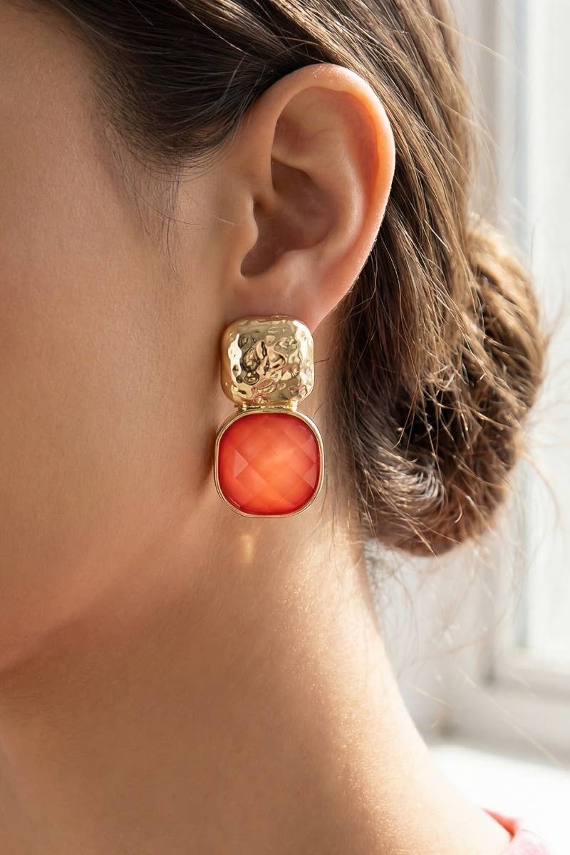 anbfashion - HAMMERED METAL SQUARE STONE EARRING : LVD