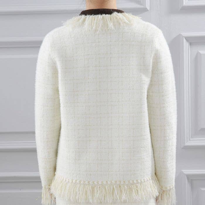 PEACH ACCESSORIES - Classic Tweed Cardigan with Fringe SD196 : Black