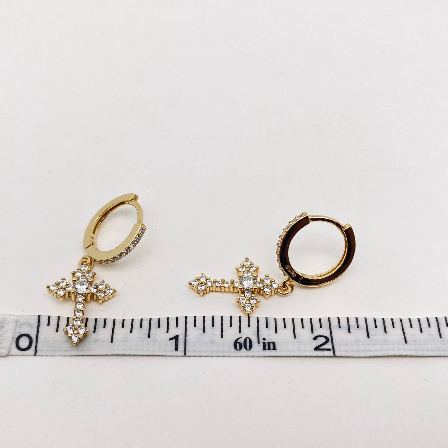 Mio Queena - Mini Zircon Cross Pendant S925 Silver Huggie Earrings: Golden