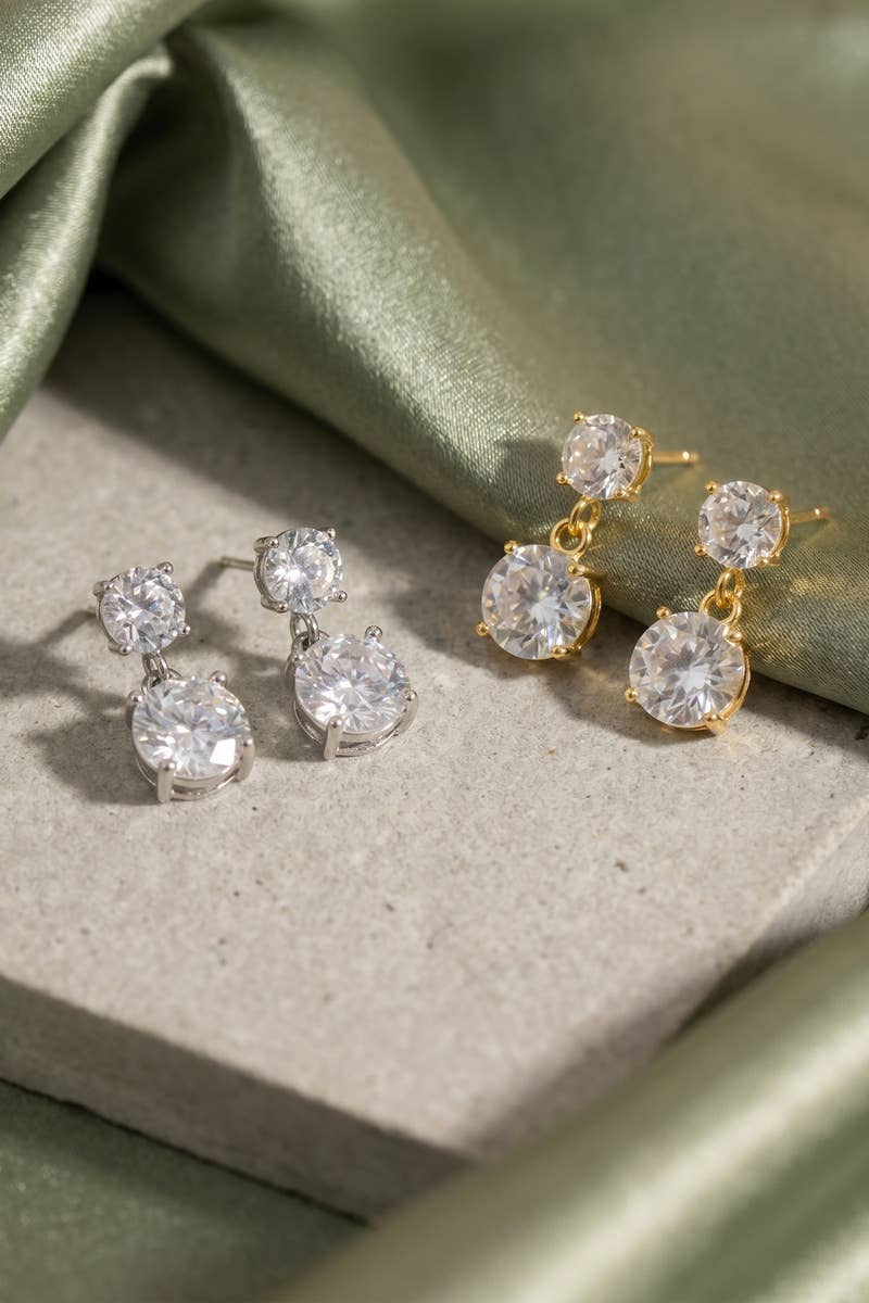The Looks by Fame Accessories - Double Round Cz Drop Earrings: GD