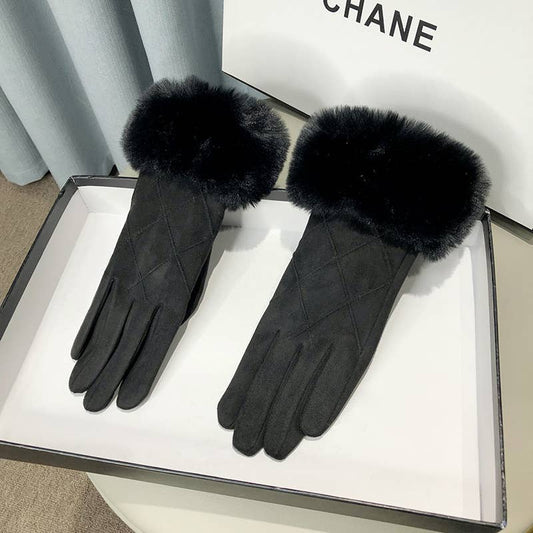 PEACH ACCESSORIES - Winter Elegance Faux Fur Trimmed Gloves HA296: Black