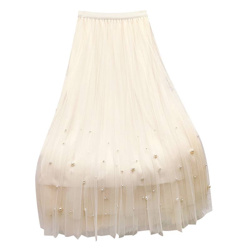 PEACH ACCESSORIES - Pleated Midi Skirt with Pearl Embellishments in Cream SK203