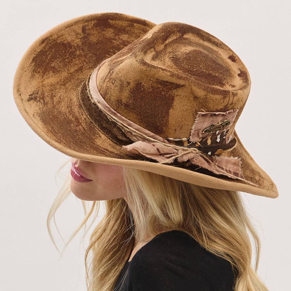 Sensibling Corp. - Feather Accent Distressed Band Rustic Western Cowgirl Fedora Hat