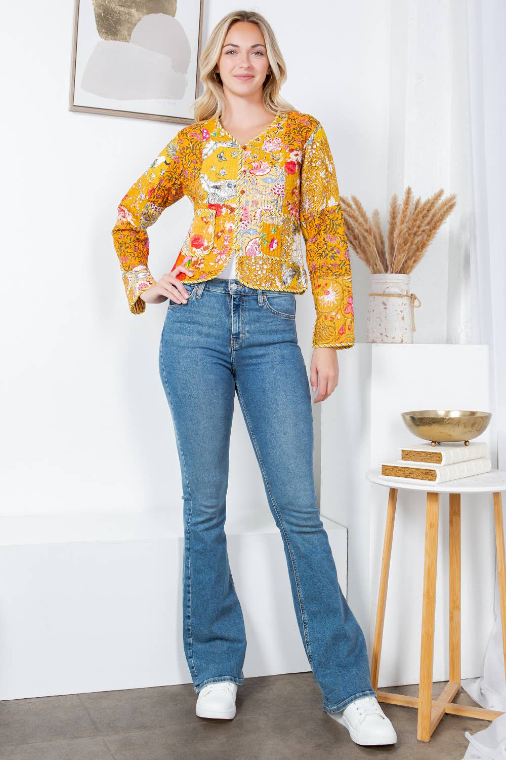 LA Soul - Floral Print Quilted Patch Cotton Jacket - Yellow: XXL