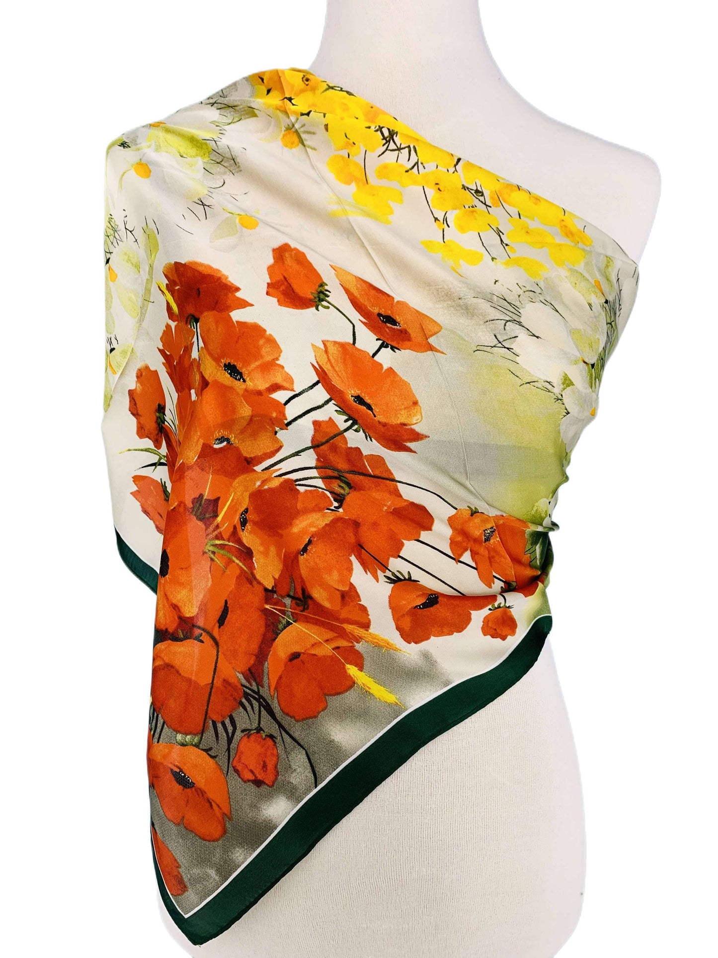 JC Sunny Fashion - JC0707002 Luxurious Silk-Feel Square Scarf--Green-Red Floral