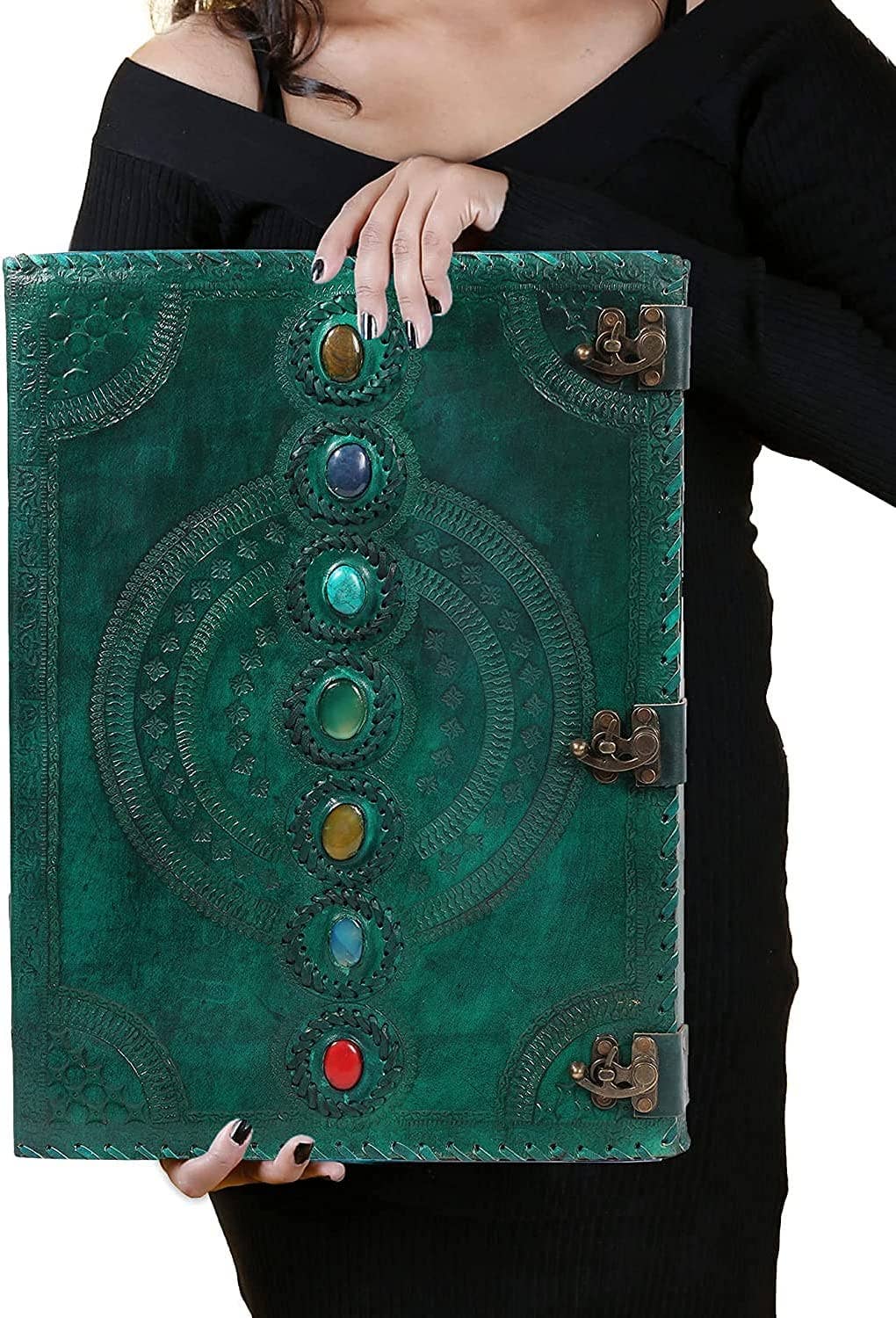 Tuzech Leather - Tuzech Seven Chakra Medieval Stone Embossed Handmade Jumbo Leather Journal Book of Shadows Notebook Office Hocus Pocus Diary College Poetry Sketch With Leather Bound: Brown / 10 x 7 Inches