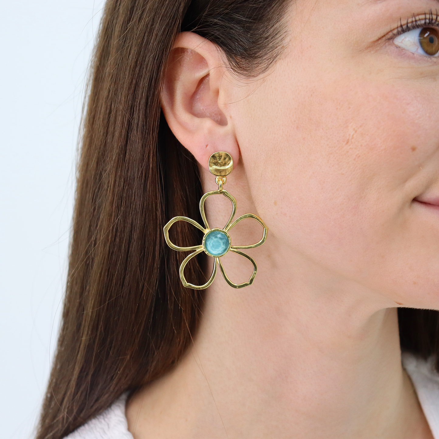 KARINE SULTAN - Bloom Drop Earrings - 24K Gold Plated: Iridescent Aquamarine