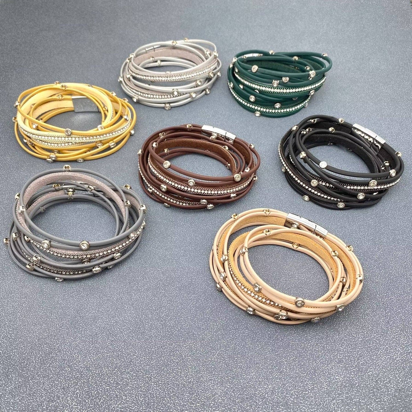 Mio Queena - Cubic Zirconia Multi-layer Leather Magnetic Buckle Bracelet - BJ: Coffee