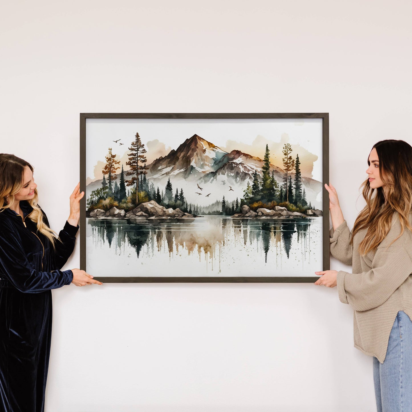 Hangout Home - Mountainscape Reflection - Landscape Watercolor Canvas Art: 24x36" Extra Large Canvas Art with Thick Wood Frame