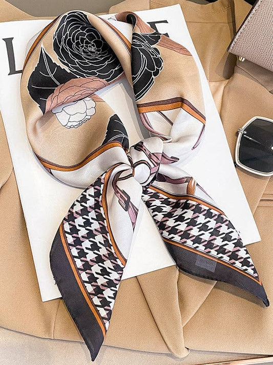 UZ Wholesale Store - Flower Print Houndstooth Scarf: BLACK / One_size