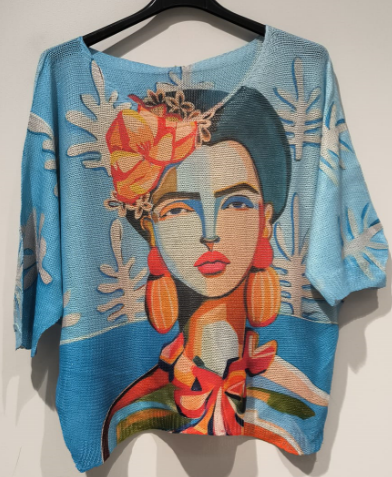 LOOWIE -  POFRB Blue "FRIDA"  Knit Printed Sweater 3/4 sleeves
