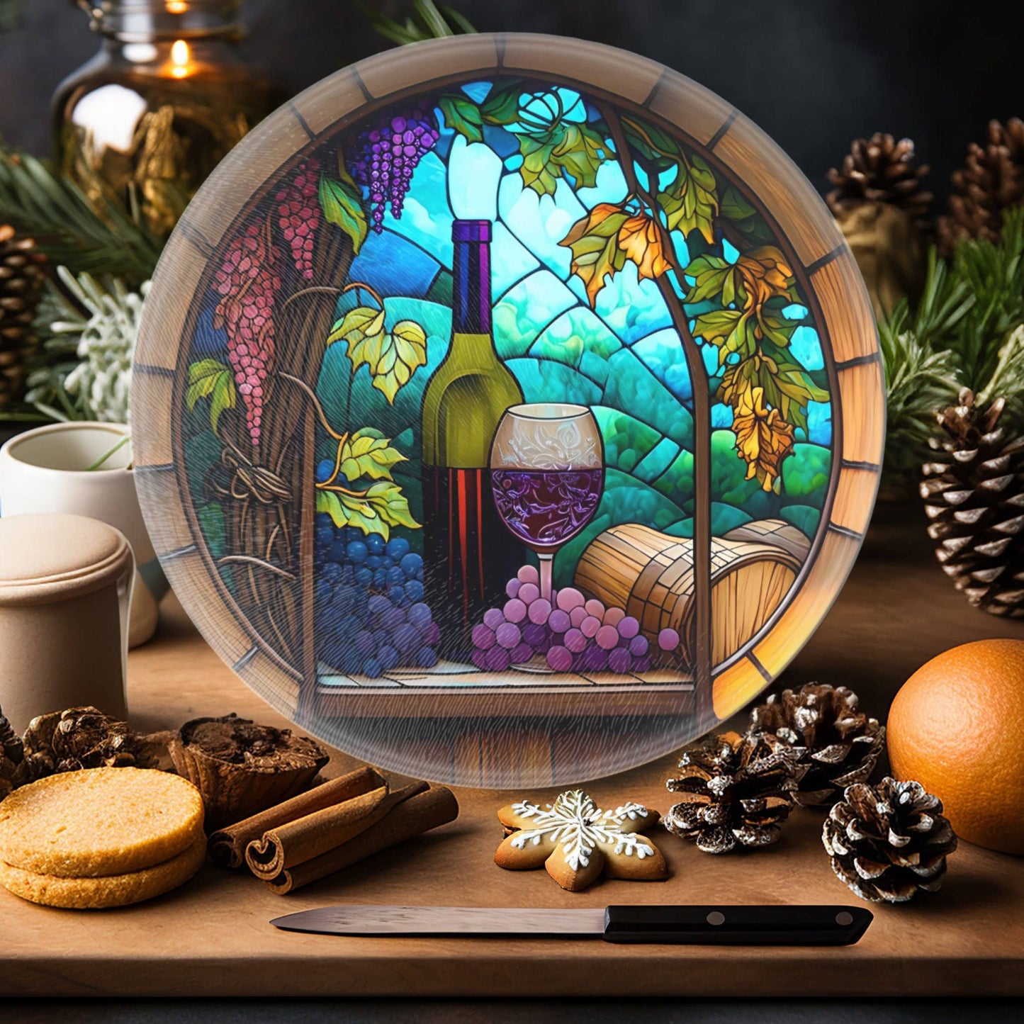 Fernville Creations - Wine Theme Cutting Board, Printed Image on Tempered Glass: 12 Inch