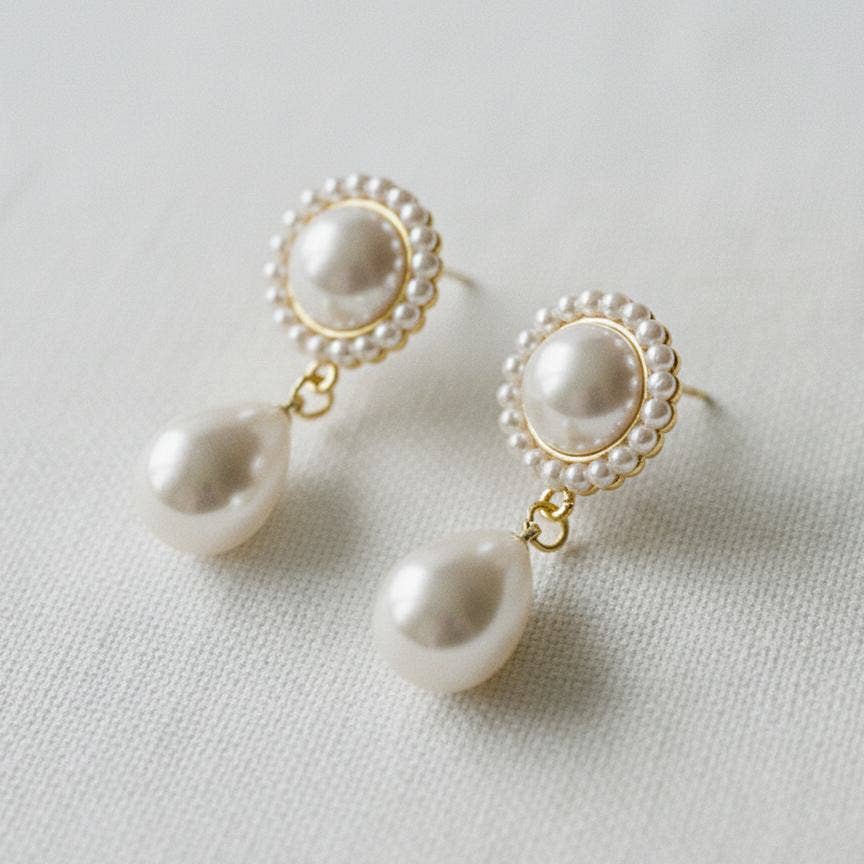 Ellemadera - Gold Plated Pearl Flower Drop Earrings